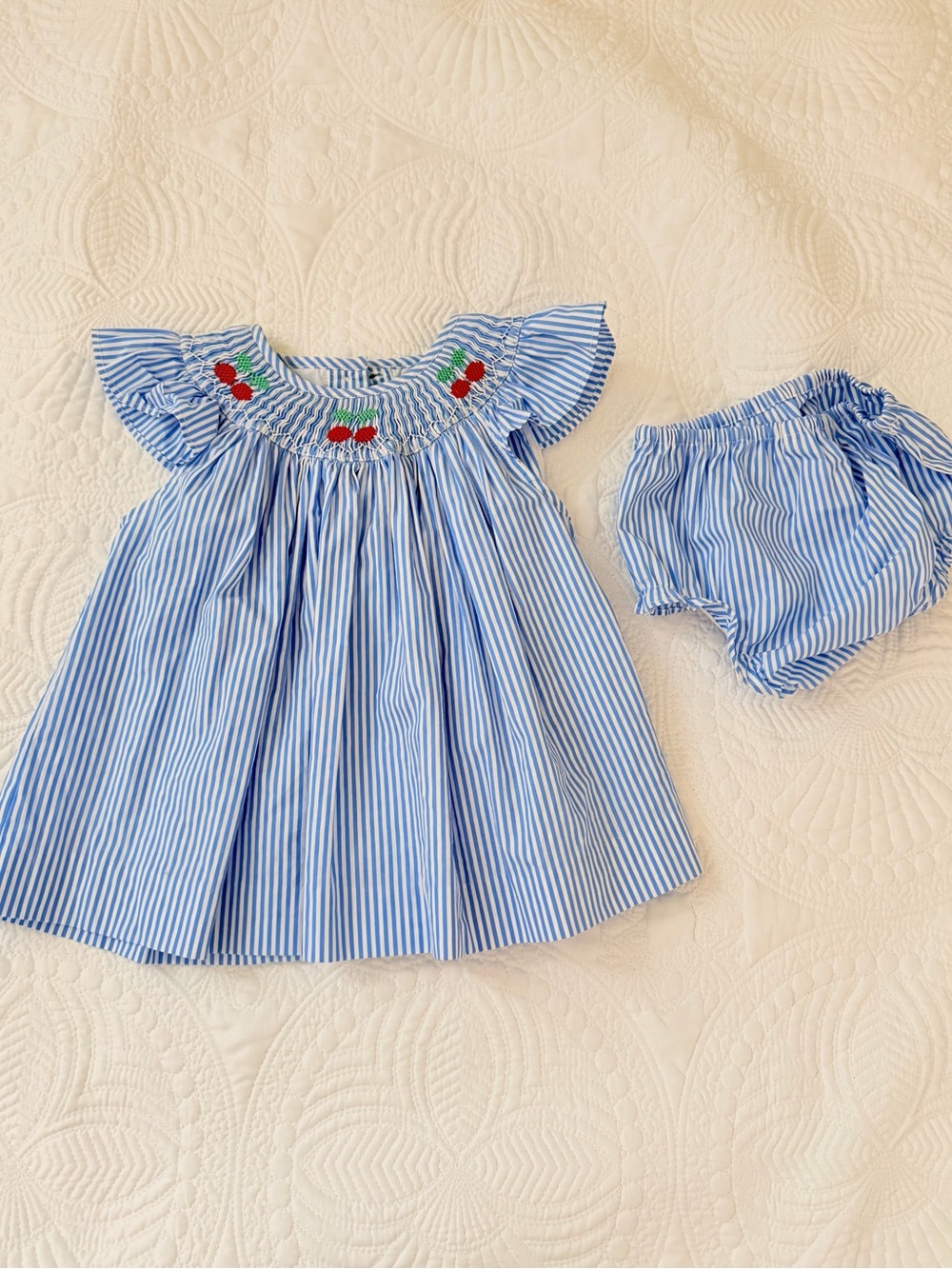 Blue Stripe Smocked Cherry Kids Matching Set